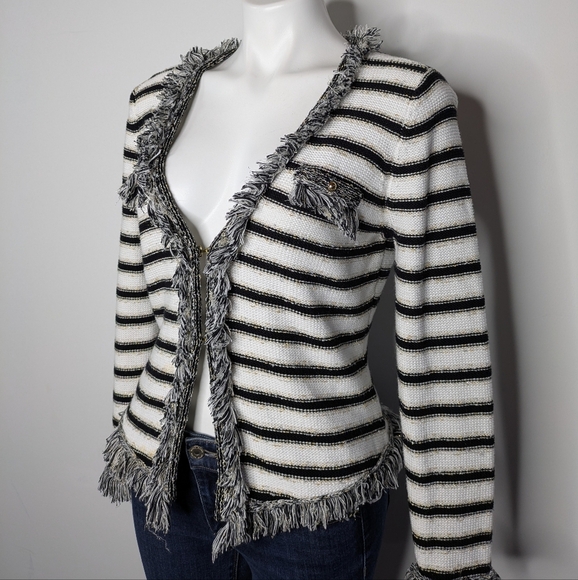 Vintage Cache Black White Striped Gold Long Sleeve Fringe Cardigan Sweater M - Picture 2 of 9